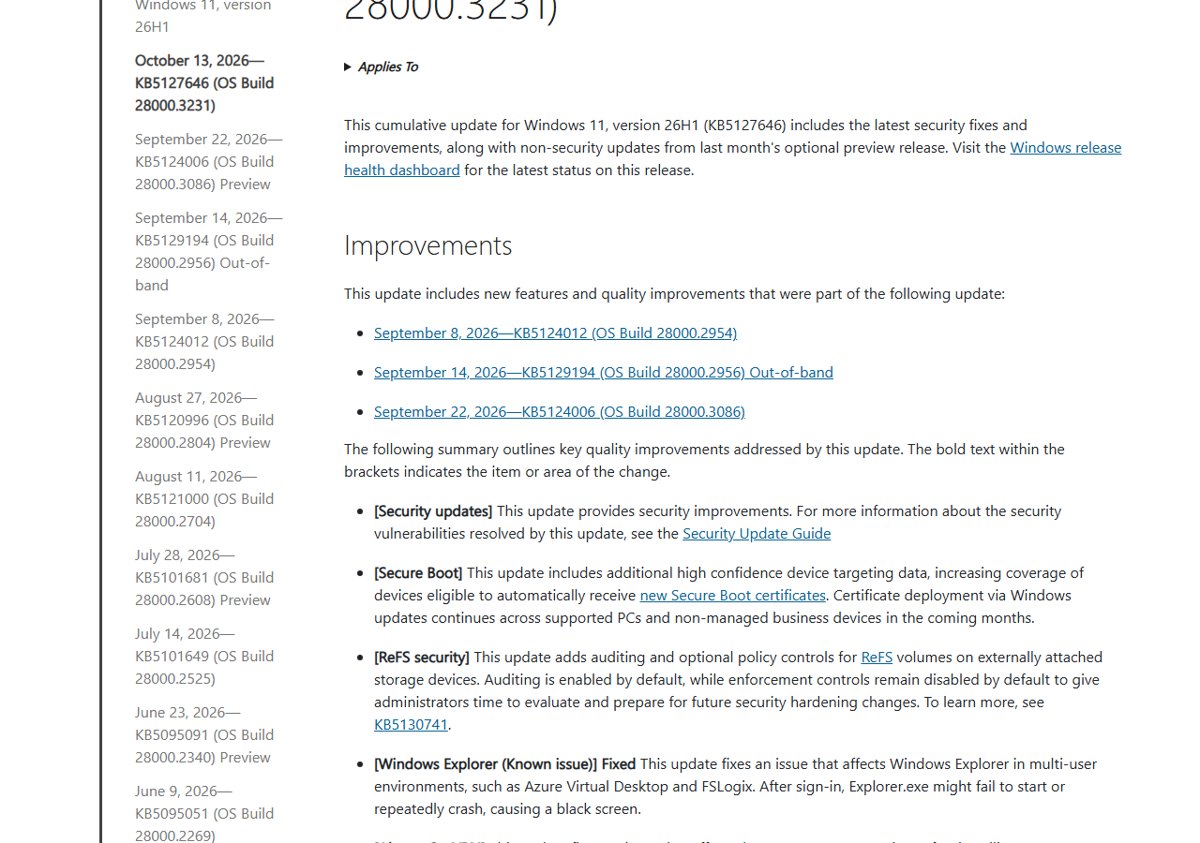 KB5127646 release notes showing the Improvements list with Secure Boot and ReFS items