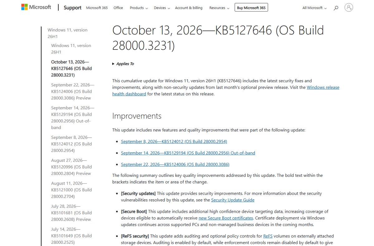 KB5127646 release notes with the Improvements list for OS Build 28000.3231