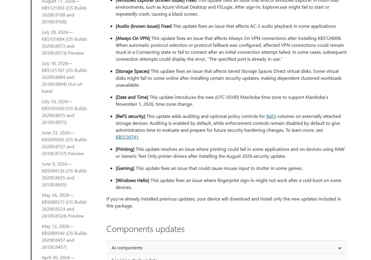 KB5127648 release notes listing Always On VPN, Storage Spaces and printing fixes