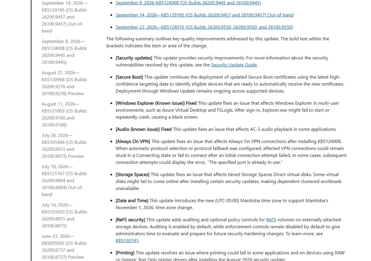 KB5127648 release notes listing improvements by area, from Secure Boot to Printing