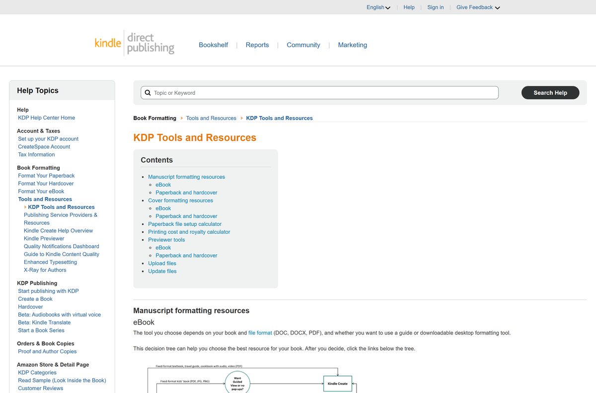 KDP tools page listing formatting, previewer and calculator resources