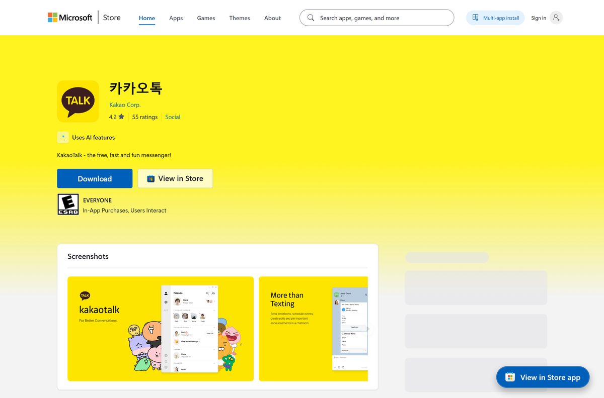 Microsoft Store listing for KakaoTalk with its publisher and price