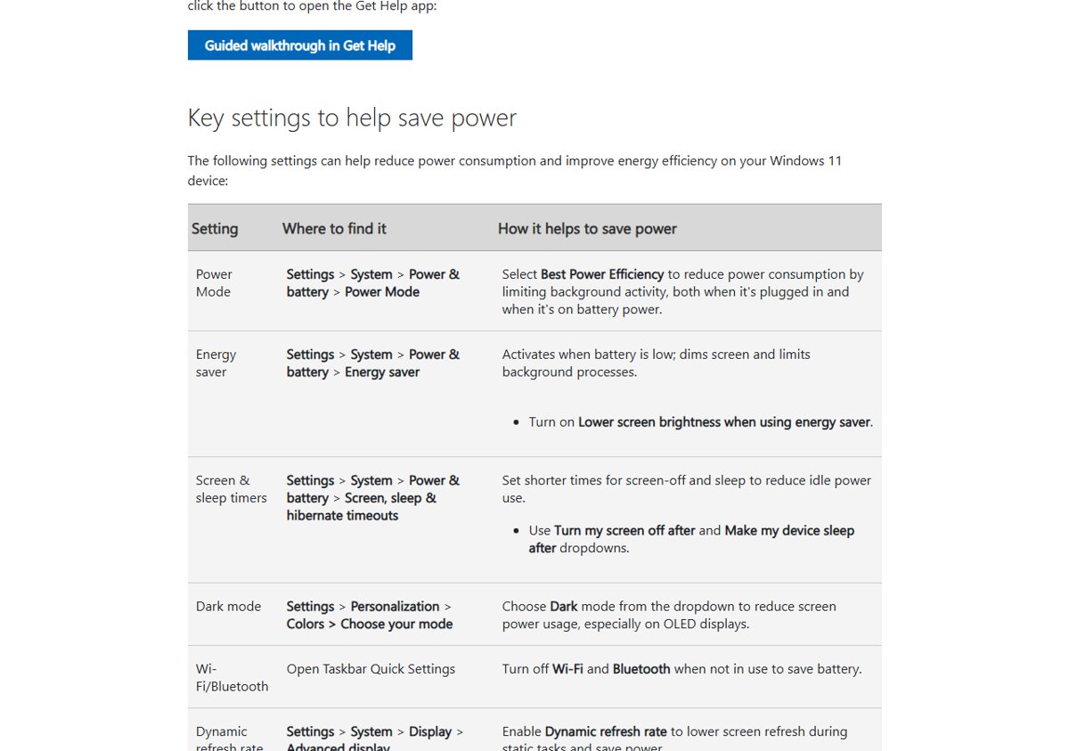 Key settings to help save power in Windows 11, including power mode and energy saver