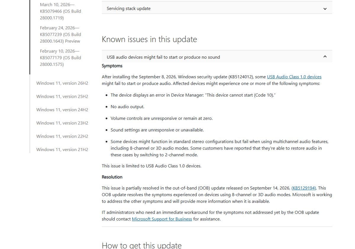 Known issues in this update section expanded to the USB audio entry
