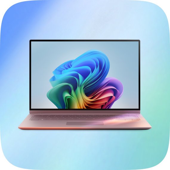 Laptop showing the Windows 11 bloom wallpaper on a blue gradient