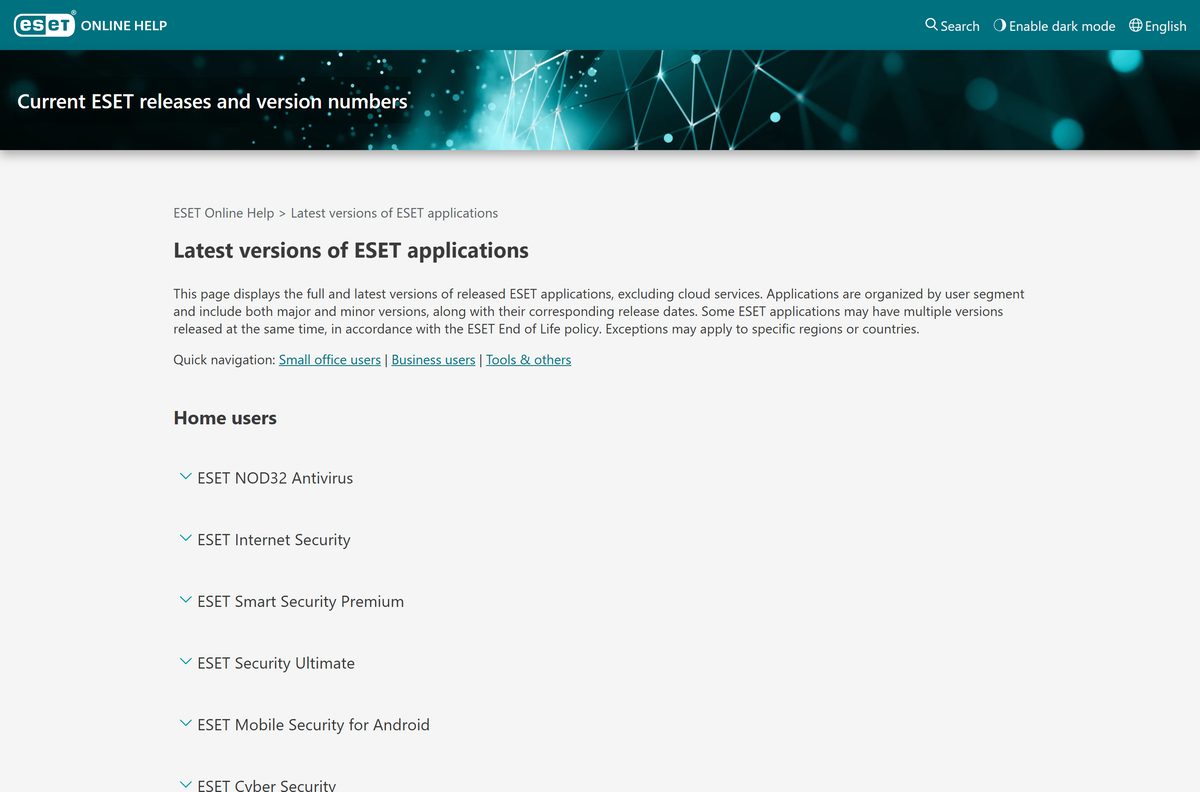 ESET latest versions page listing program builds and their release dates