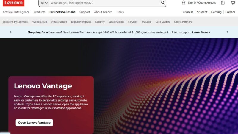 Lenovo Vantage page with an Open Lenovo Vantage button