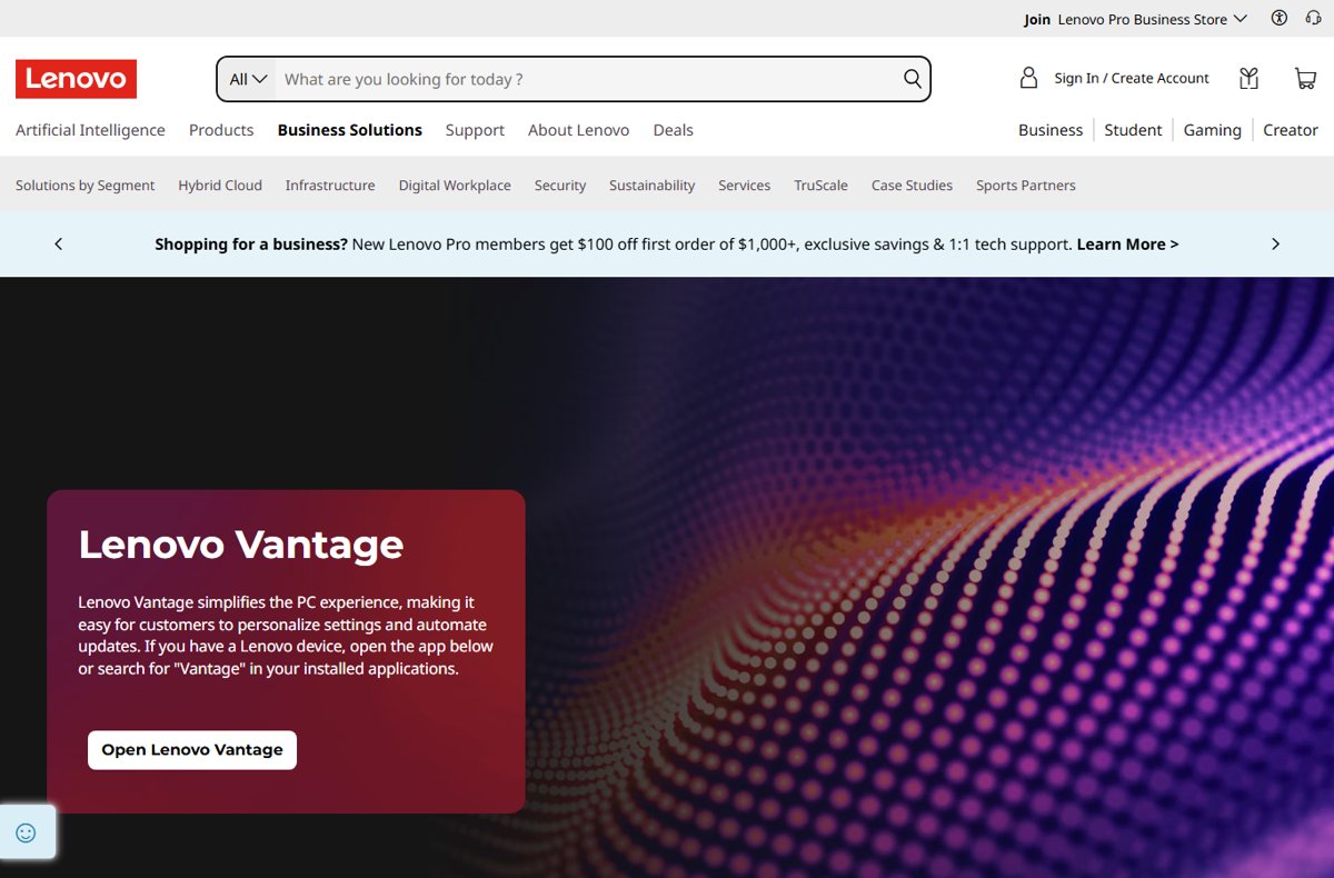 Lenovo Vantage page with an Open Lenovo Vantage button