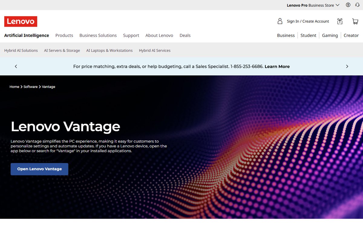 Lenovo Vantage software page with an Open Lenovo Vantage button
