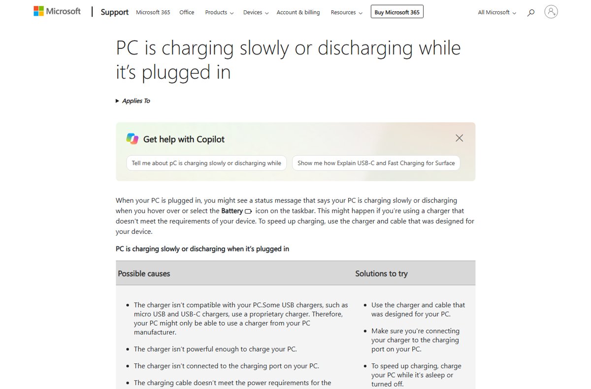 Lenovo laptop charging slowly or discharging while plugged in, Microsoft's fixes page