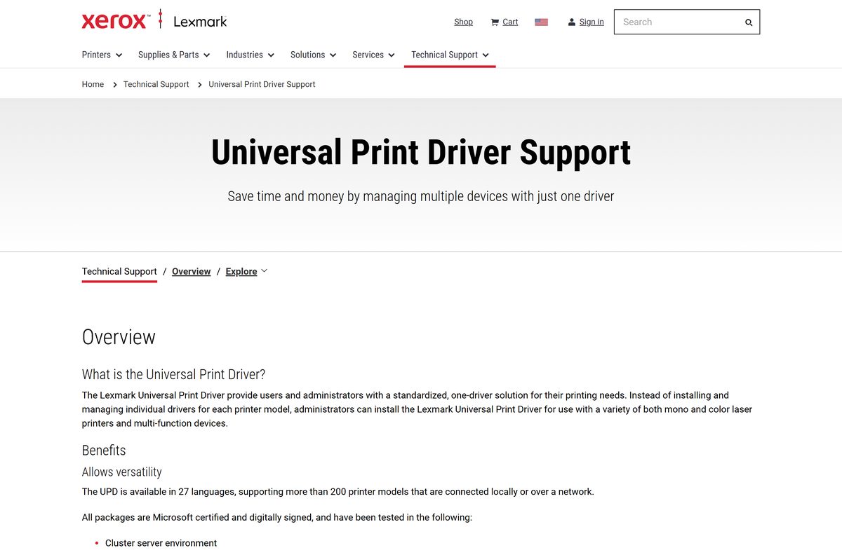 Lexmark Universal Print Driver support page with Windows and Mac downloads