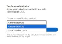 LinkedIn two-factor authentication dropdown showing Authenticator App and Phone Number options