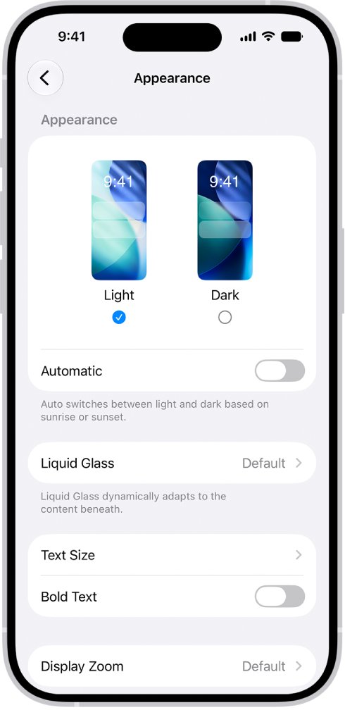 Liquid Glass and Bold Text options in the iOS 27 Appearance settings