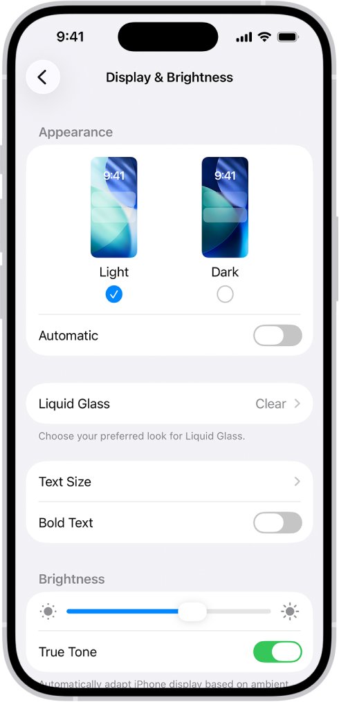 Liquid Glass setting in iOS 26 Display & Brightness, set to Clear