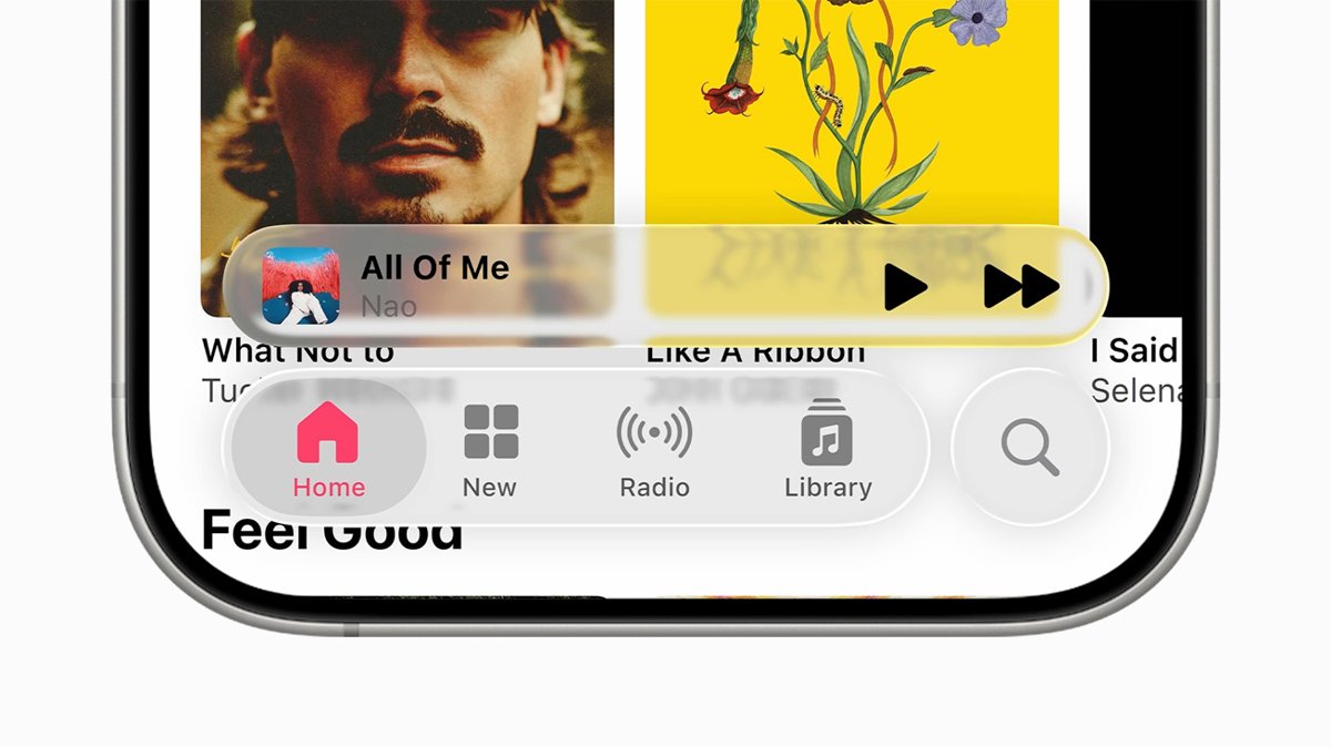 Liquid Glass tab bar in the Music app on iPhone