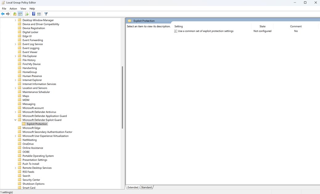 Local Group Policy Editor open at Microsoft Defender Exploit Guard Exploit Protection