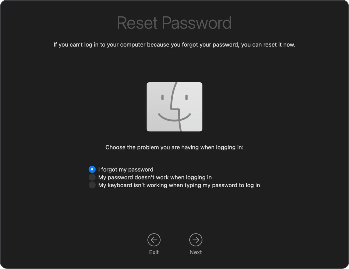 Locked out of Mac password reset screen with I forgot my password selected
