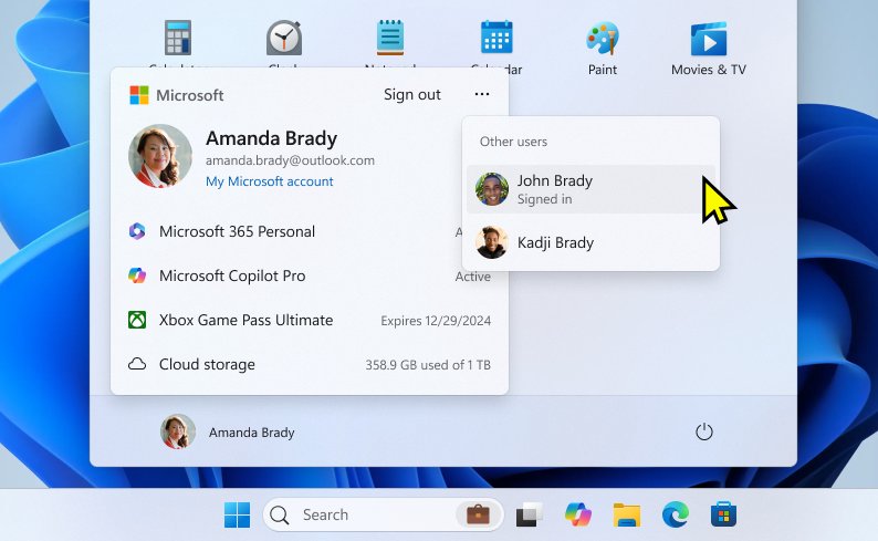 Log off a shared computer: Start account menu listing other users