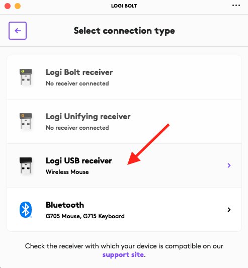 Logi Bolt Select connection type screen with receiver and Bluetooth options