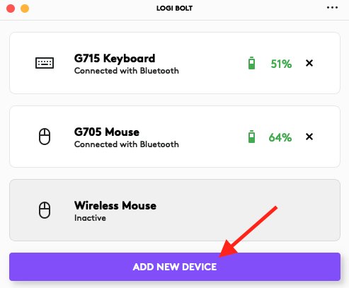 Logi Bolt app listing paired devices with an inactive wireless mouse