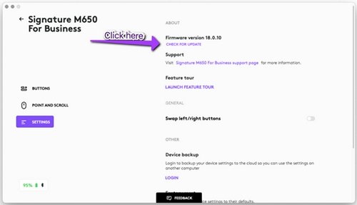 Logi Options+ mouse settings showing firmware version and Check for update link