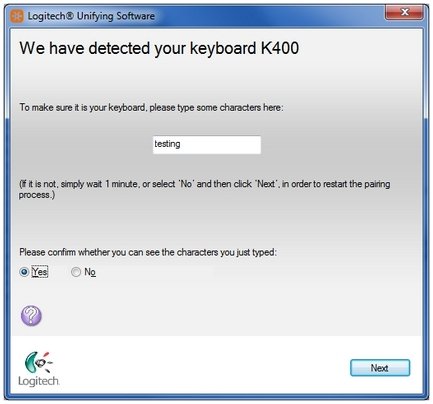 Logitech Unifying Software confirming a detected K400 keyboard with a typing test box