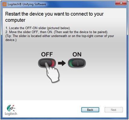 Logitech Unifying Software screen telling the user to switch the device off and on