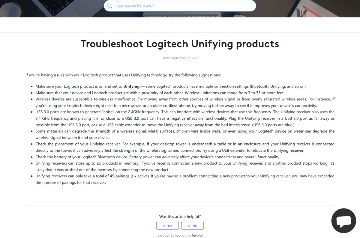 Logitech troubleshooting page covering receiver range, ports and interference