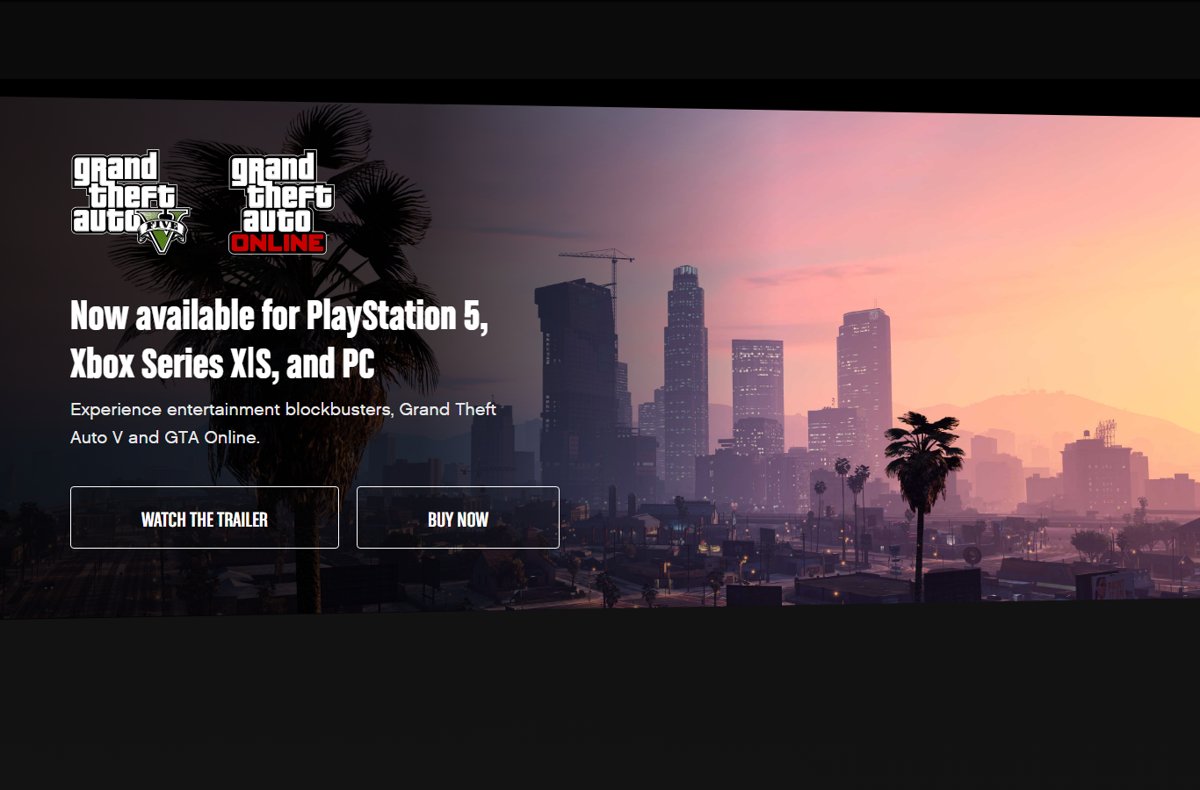 Los Santos skyline at dusk on Rockstar's GTA V and GTA Online page
