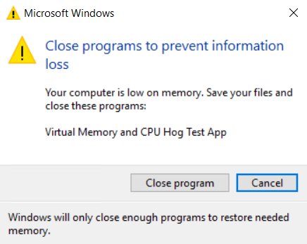Low virtual memory warning asking to close programs to prevent information loss