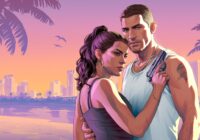 Lucia and Jason posing together against a pastel Vice City skyline