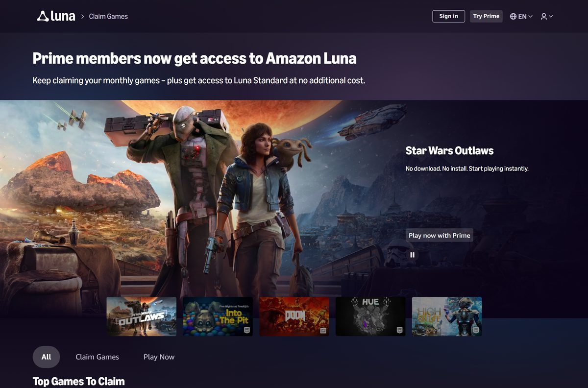 Luna claims page listing this month's Amazon Games titles
