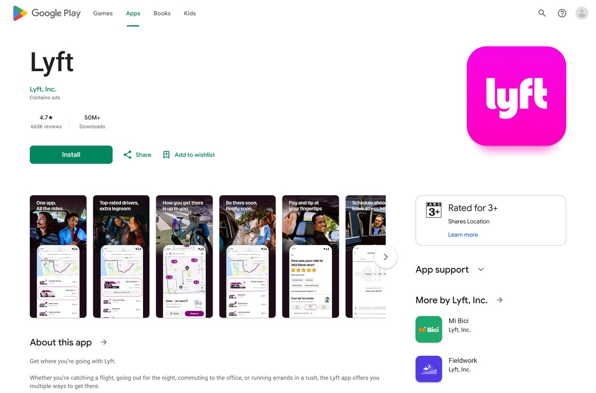 Google Play listing for Lyft with its rating and download count
