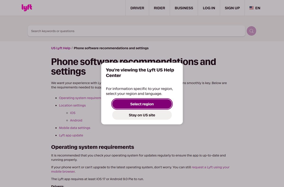 Lyft help article listing phone software requirements