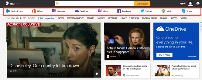 MSN homepage services stripe with Outlook.com, Office and OneDrive shortcuts highlighted