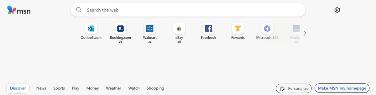 MSN.com homepage header with the Make MSN my homepage button next to Personalize