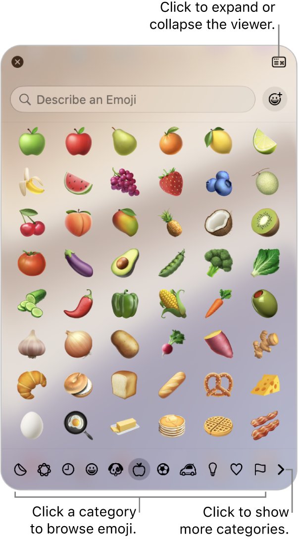 Mac Character Viewer emoji panel with search field and category icons