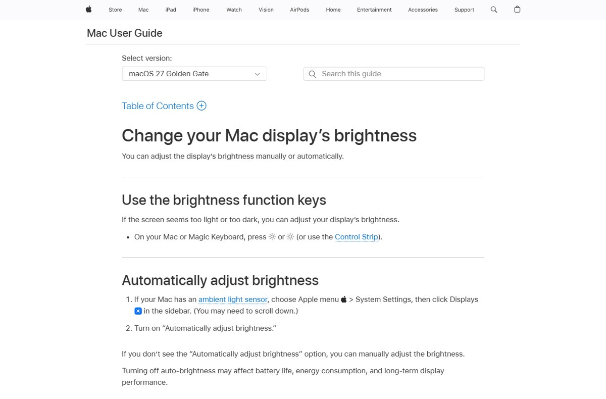 Mac Displays settings brightness steps on Apple's Change your display's brightness page