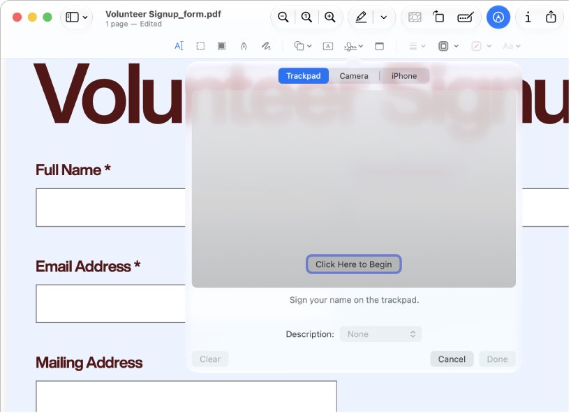 Mac Preview PDF editor with the signature tool open on a form