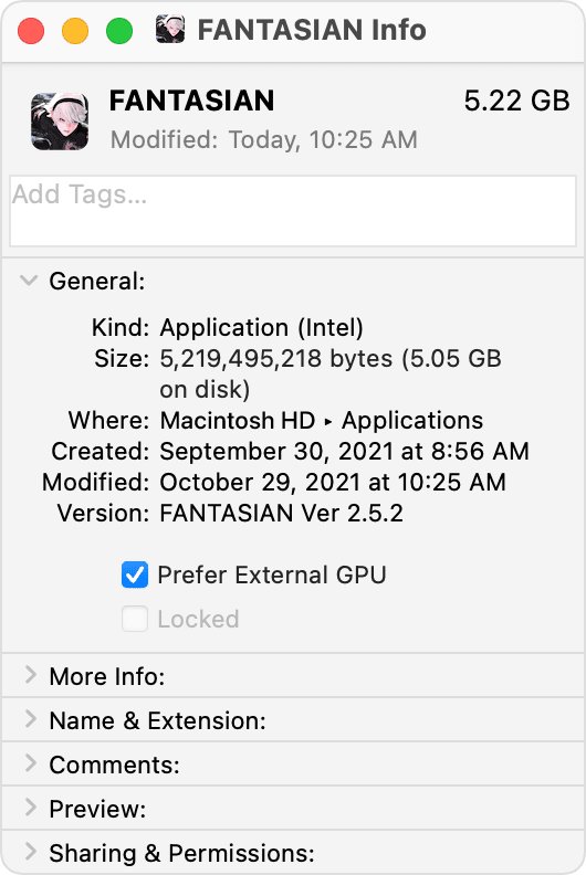 Mac app Get Info window with the Prefer External GPU checkbox ticked