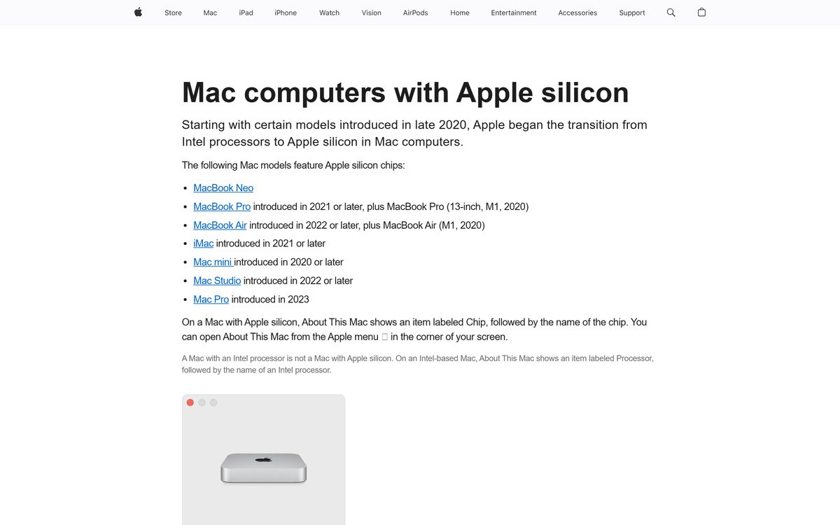 Apple support page listing every Mac computer with Apple silicon