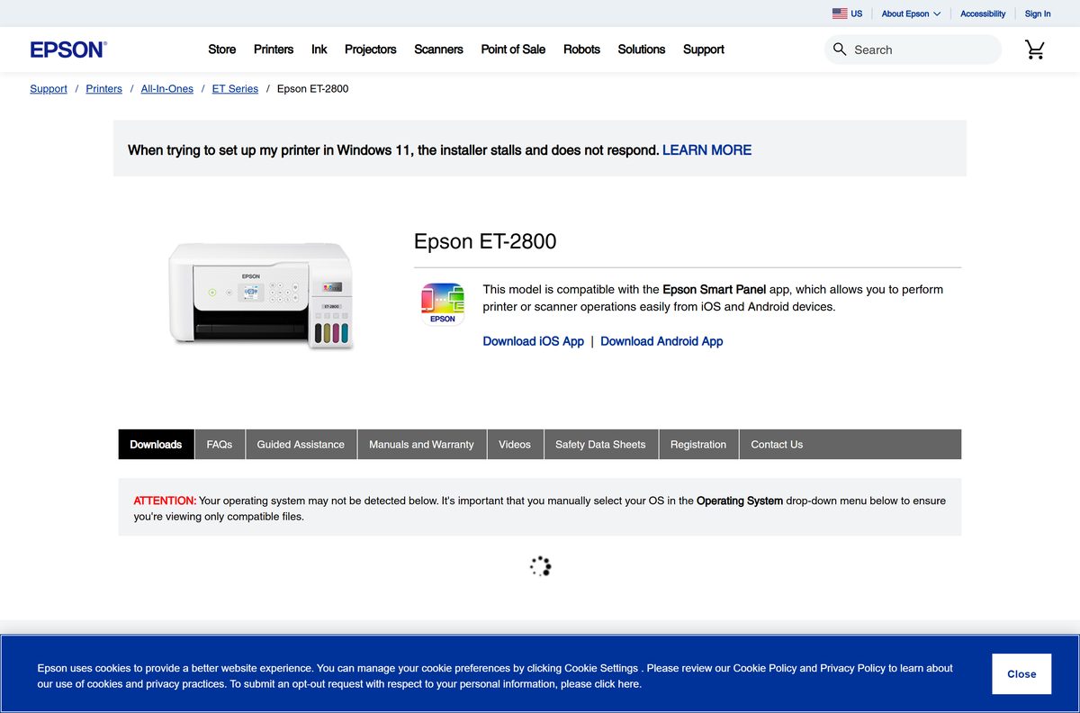 Epson support page listing the Mac printer driver disk image