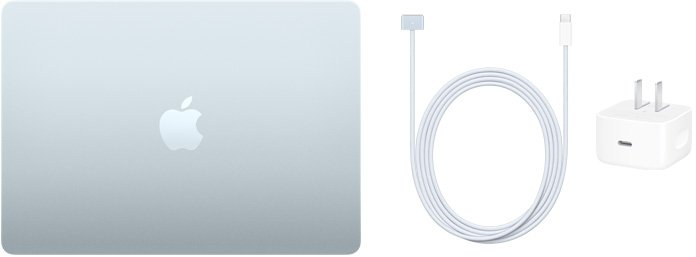 MacBook Air lid beside its USB-C to MagSafe 3 cable and power adapter