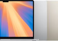 MacBook Air with Silver, Starlight, Sky Blue and Midnight lids lined up behind it