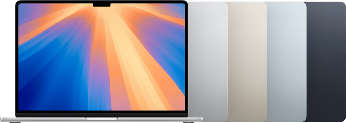 MacBook Air with Silver, Starlight, Sky Blue and Midnight lids lined up behind it