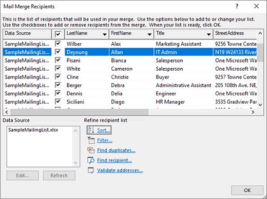 Mail Merge Recipients dialog listing checked records with Sort and Filter links