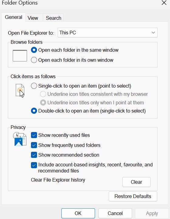 Make File Explorer open to This PC in Folder Options