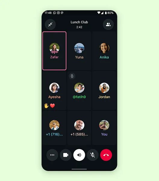 Make WhatsApp calls: group voice call screen with mute, speaker and end call buttons