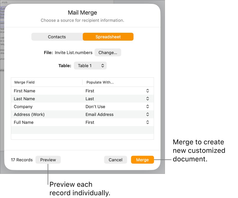 Make address labels in Pages with Mail Merge from a Numbers spreadsheet