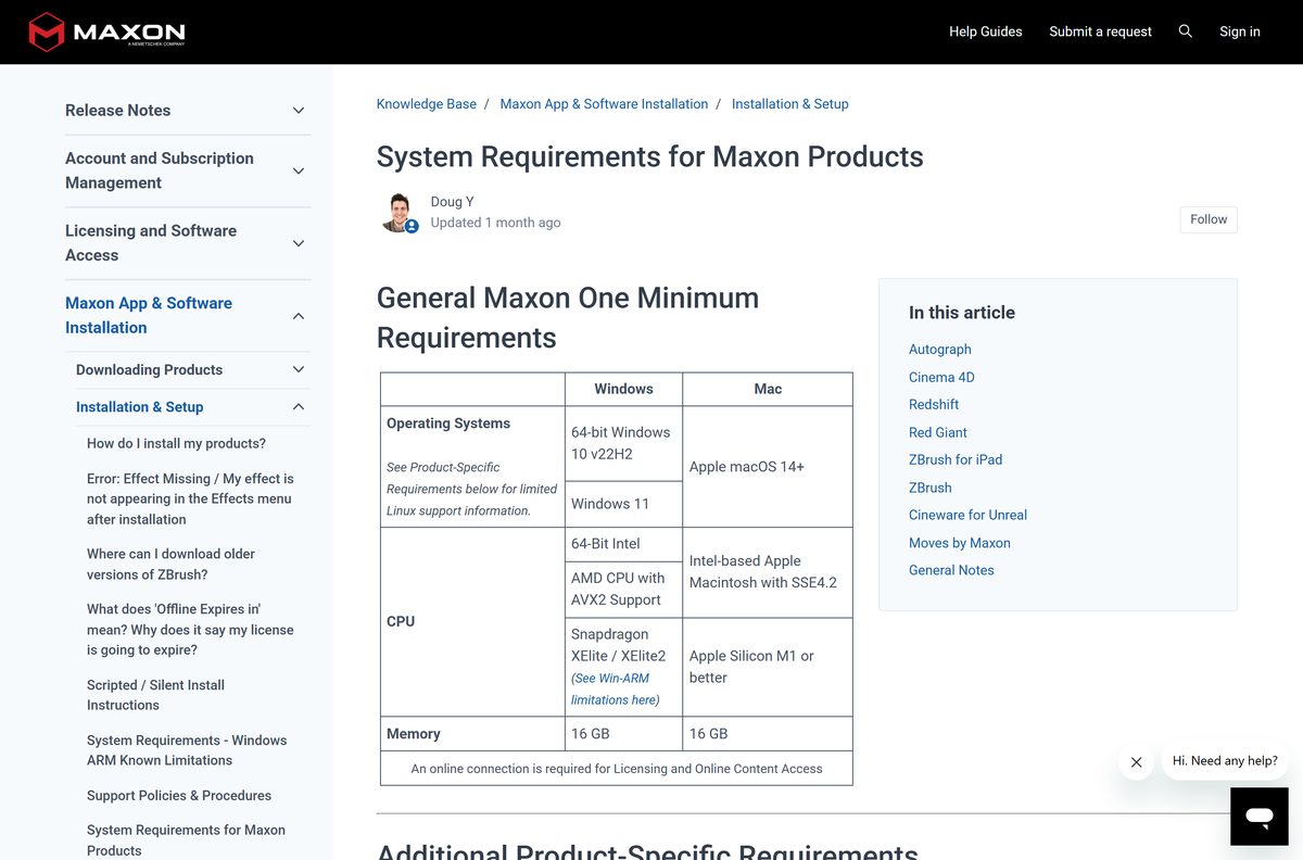 Maxon support article listing Windows and macOS minimums per product